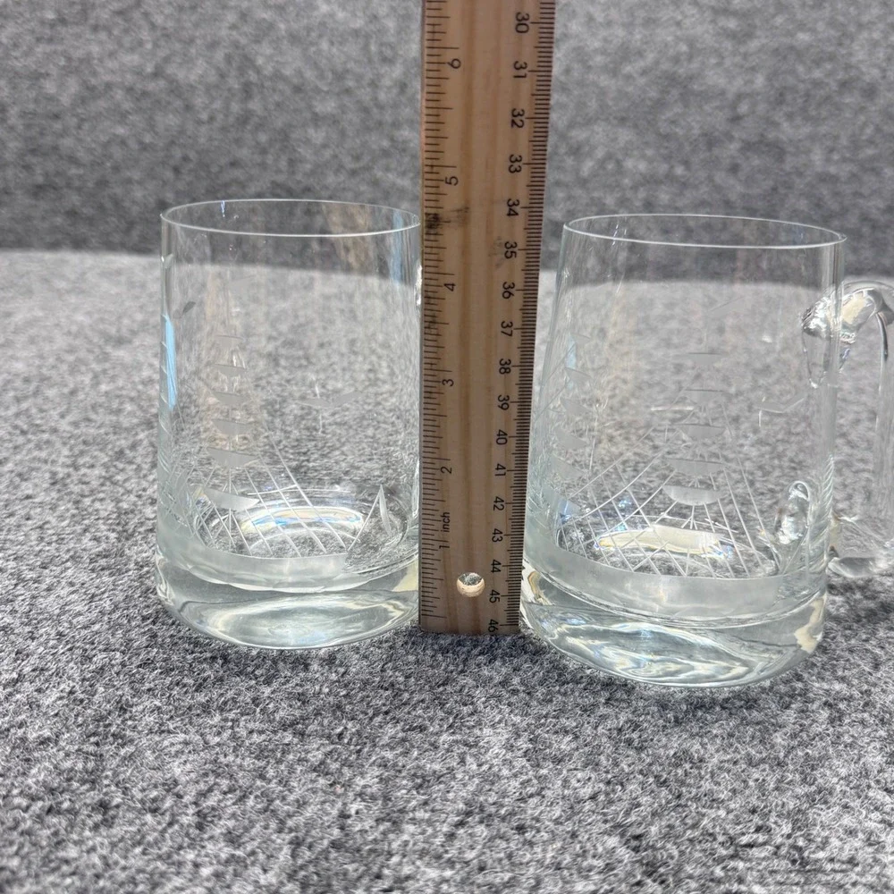 Unbranded Etched Glass Ship Beer Mugs Set of 2 Clear Nautical Sailing Coastal
